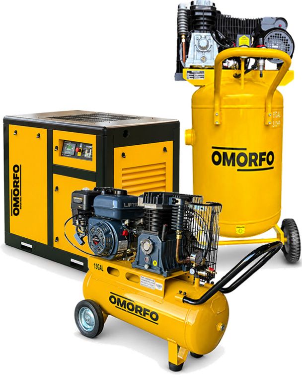 Full lineup of Omorfo industrial air compressors — rotary screw, piston, and portable units